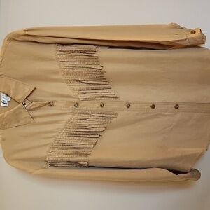 Vintage FIJI | Women's Medium Camel Brown Silk Fringe Western Button Down Shirt